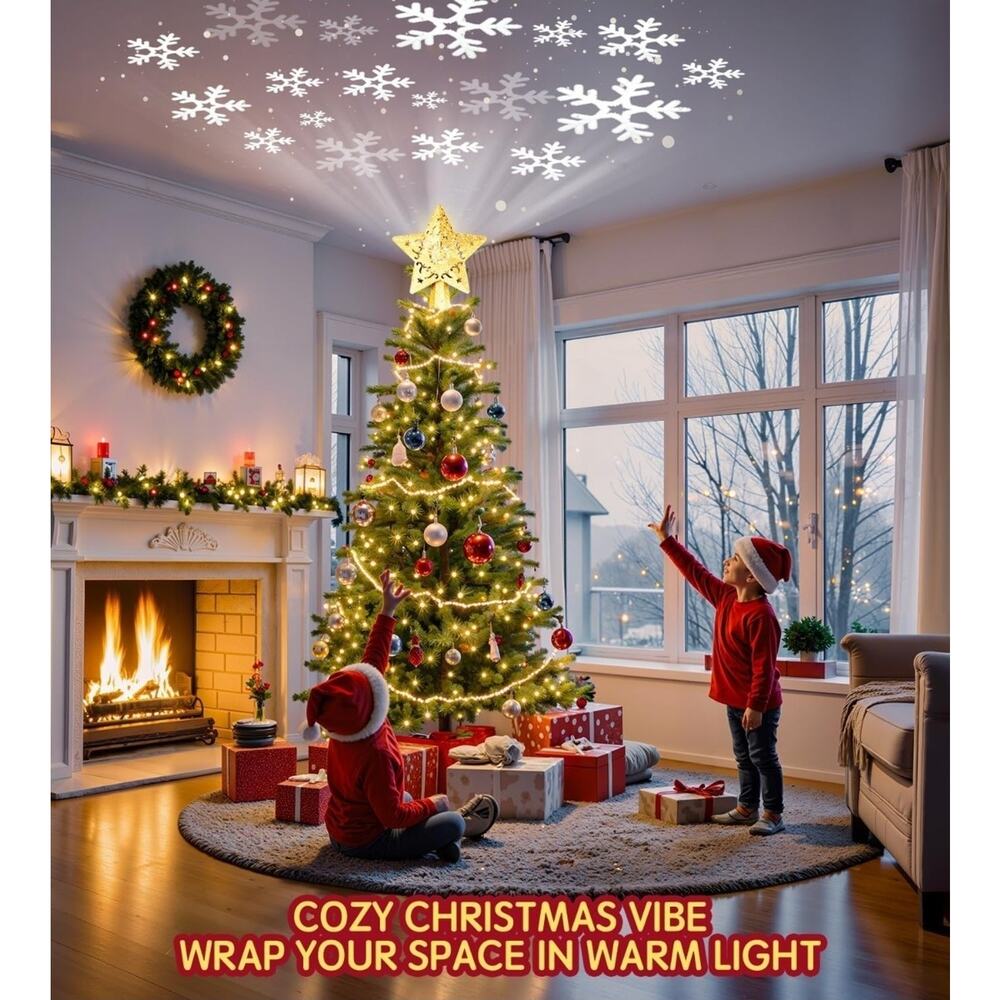 LED Christmas Tree Topper Projector Gold Star 360° Rotating Snowflake Light -... - Picture 6 of 8